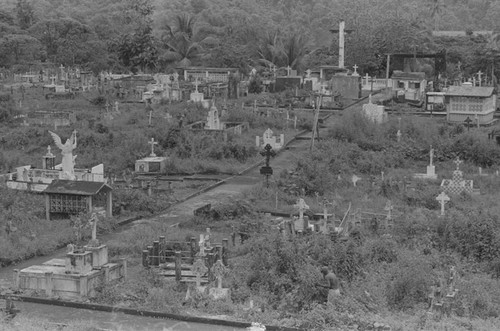 Distant view of a man landscaping a cemetery, Barbacoas, Colombia, 1979