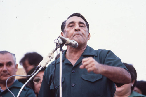 José Napoleón Duarte talking at the microphone, San Salvador, El Salvador, 1982