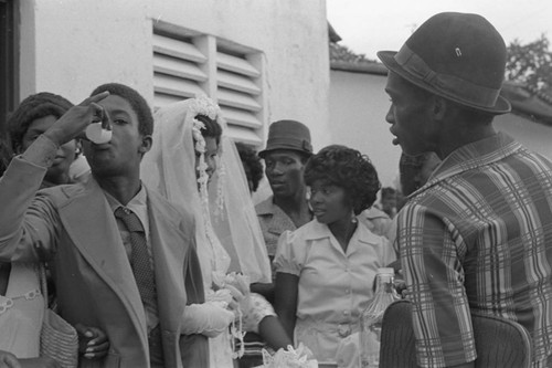 Wedding couple outside the church, San Basilio de Palenque, 1976