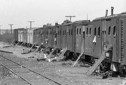 Train cars converted into homes, Chihuahua, 1983