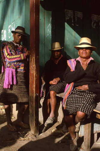 Three Mayan men on election day, Sololá, 1982