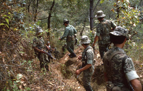 Soldiers in a wooded area searching for guerilleros, Zaragoza, 1983