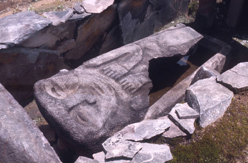 Carved stone slab over a sarcophagus, San Agustín, Colombia, 1975