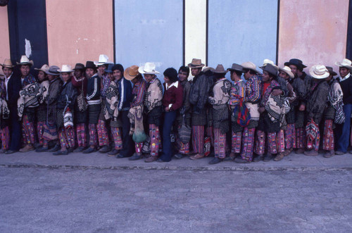 Mayan men waiting in line to vote, Guatemala, 1982