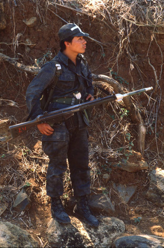 Soldier patrolling near Suchitoto, Cuscatlán, El Salvador, 1981