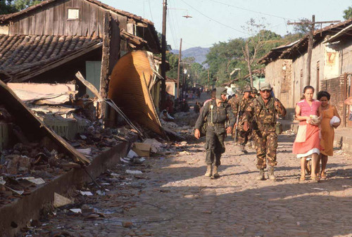 Salvadoran soldiers in reclaimed town, San Agustín, 1983