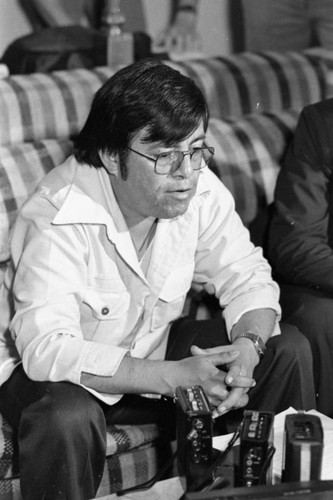 Nicaraguan journalist at a press conference, San José, 1980