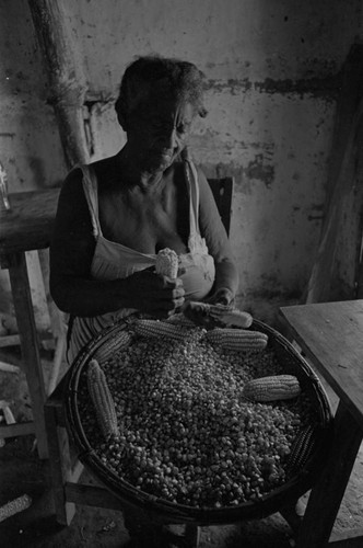 Woman removing corn from cobs, San Basilio de Palenque, 1976