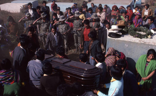 Men carrying a coffin to the cemetery, Patzún, 1982