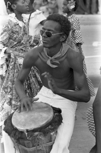 Playing the conga drum, Barranquilla, Colombia, 1977