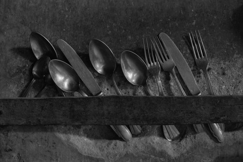 Cutlery hunging from a wall, San Basilio de Palenque, 1976