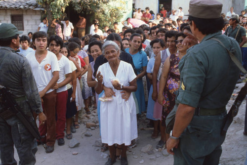 Older woman lining up to vote, Santa Tecla, El Salvador, 1982