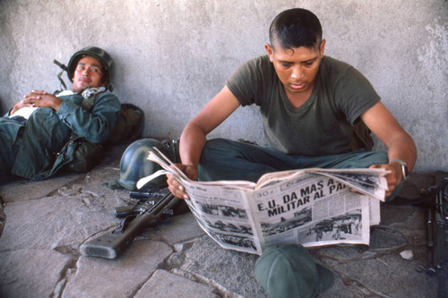 Soldiers resting, Meanguera, Morazán, El Salvador, 1981