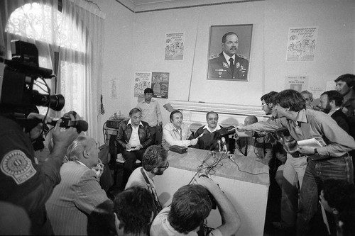 Post-election press conference with Guevara, Guatemala, 1982