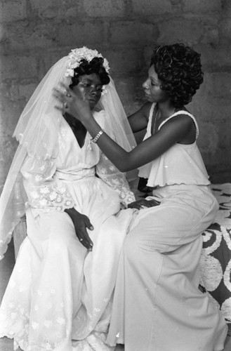 Adjusting bride's veil, San Basilio de Palenque, Colombia, 1977