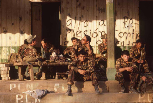Salvadoran soldiers in reclaimed town, San Agustín, 1983