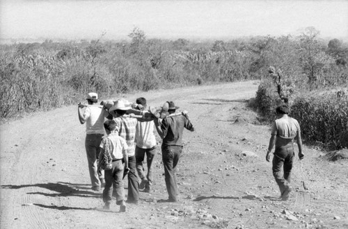 Four campesinos carry a dead body, Usulután, 1983