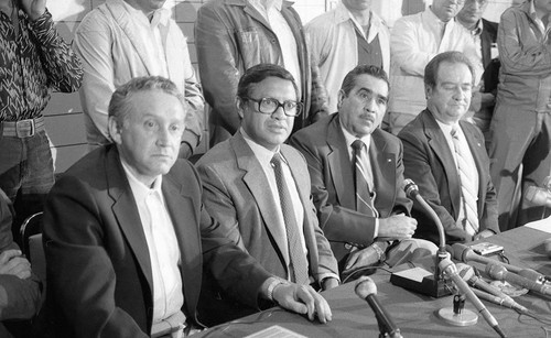 Candidates speak at a press conference against voter fraud, Guatemala, 1982