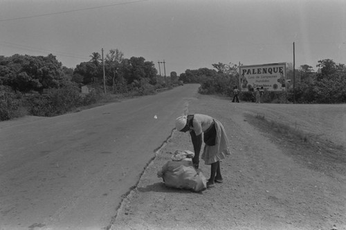 Woman setting up selling stand, Cartagena Province, ca. 1978