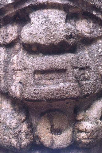 Stone statue, figure holding a snake, San Agustín, Colombia, 1975