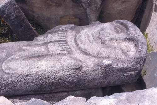 Carved stone slab over a sarcophagus, San Agustín, Colombia, 1975