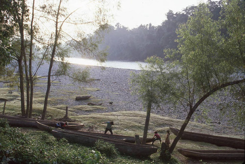 Guatemalan refugees work on canoes, Ixcán, ca. 1983