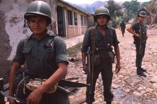 Soldiers patrolling near San Antonio de los Ranchos, Chalatenango, El Salvador, 1981