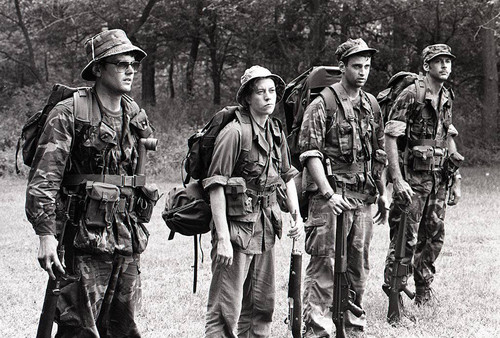 Survival school students form a military-style lineup, Liberal, 1982