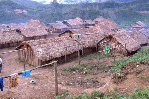 Huts at a Guatemalan refugee camp, Ixcán, ca. 1983