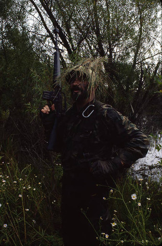 Harry Clalflin dressed for a silent swim demonstration, Liberal, 1982