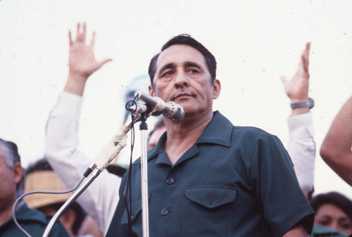 José Napoleón Duarte standing in front of microphone, San Salvador, El Salvador, 1982