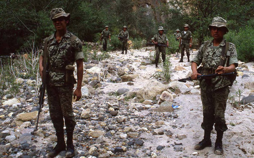 Armed patrol standing on rocks, Guatemala, 1982