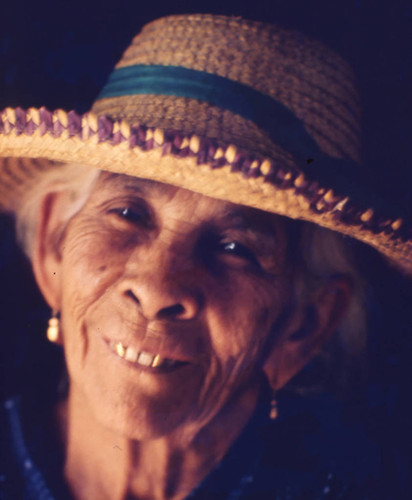 Woman with hat close-up, San Basilio de Palenque, 1976