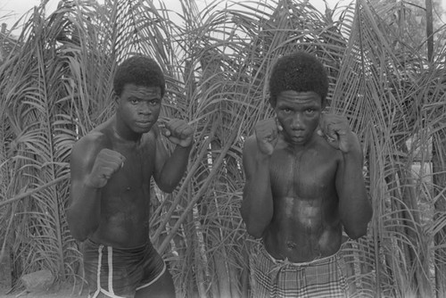 Boxers standing with fists up, San Basilio de Palenque, ca. 1978