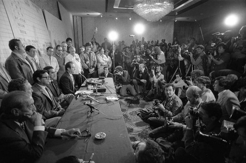 Post-election press conference denouncing voter fraud, Guatemala, 1982