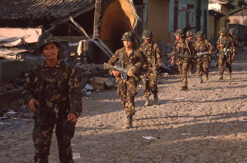 Salvadoran soldiers in reclaimed town, San Agustín, 1983