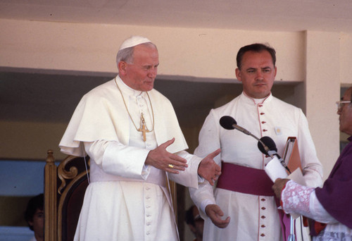 Pope John Paul II welcomes a clergy member, Managua, Nicaragua, 1983