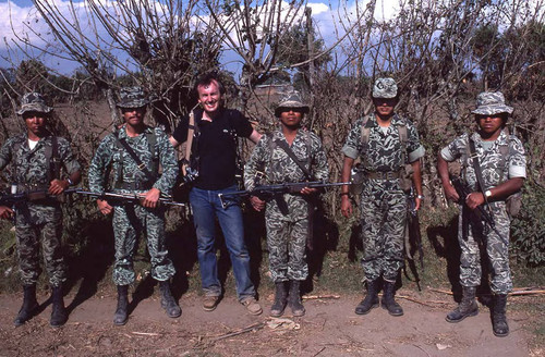 Richard Cross with soldiers, Guatemala, 1982