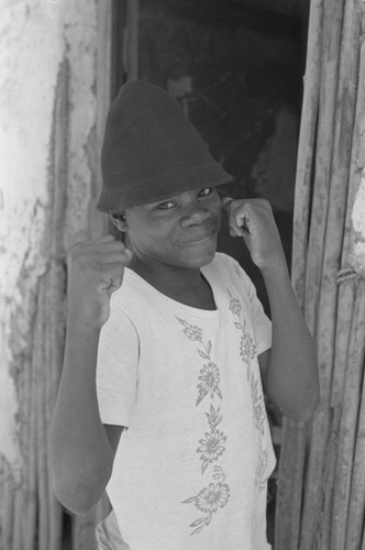 Boy in boxing pose, San Basilio de Palenque, 1976