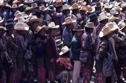 A crowd of Mayan men waiting in line to vote, Sololá, 1982