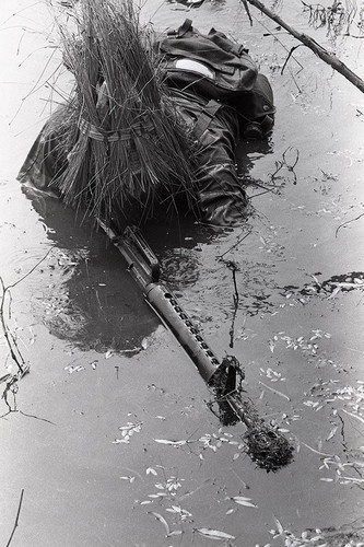 Harry Claflin demonstrates silent swim techniques, Liberal, 1982