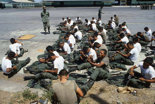 Cadets cleaning their rifles, Ilopango, San Salvador, 1983