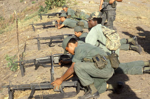 Cadets practice shooting with m60 machine guns, Ilopango, San Salvador, 1983