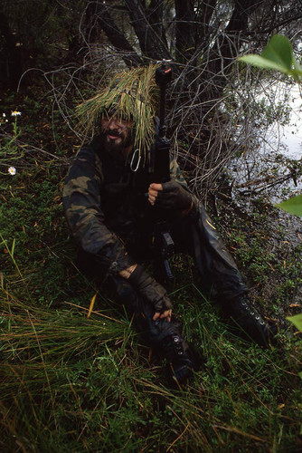 Harry Clalflin dressed for a silent swim demonstration, Liberal, 1982