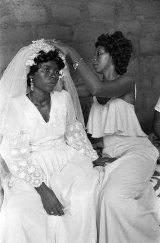 Adjusting bride's veil, San Basilio de Palenque, Colombia, 1977