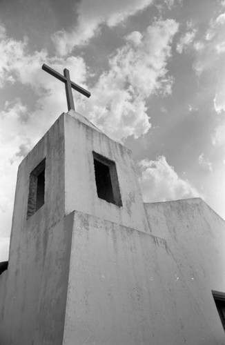 White church bell tower, San Basilio de Palenque, 1976