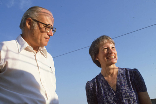 Ambassador Deane R. Hinton standing with Senator Nancy Kassebaum, San Salvador, EL Salvador, 1982