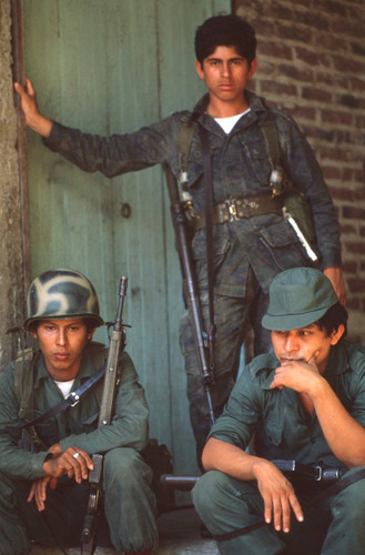 Soldiers standing at their military barracks near Suchitoto, Cuscatlán, El Salvador, 1981