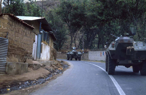 Soldiers patrol in armored vehicles, Zaragoza, 1982