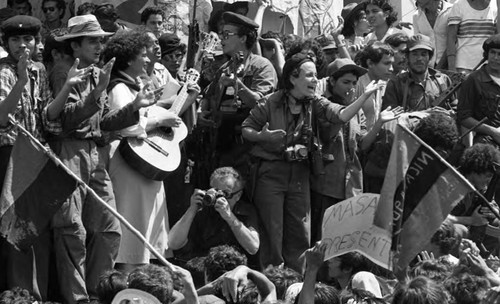 Photographer Margarita Montealegre speaking at rally, Managua, 1979